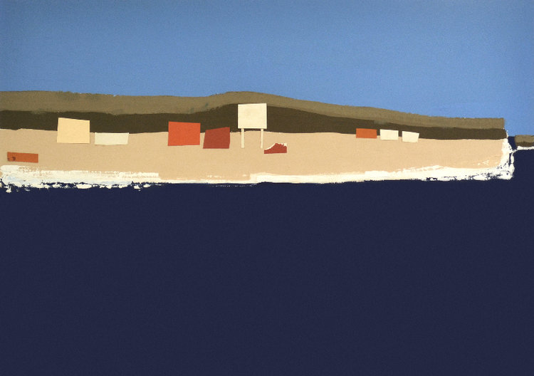 Helen Grey-Smith, Village by the Sea 3, 1972, acrylic and collage, 43.8 x 60.9 cm, Collection of Curtin University, Western Australia. Courtesy Grey-Smith Estate.